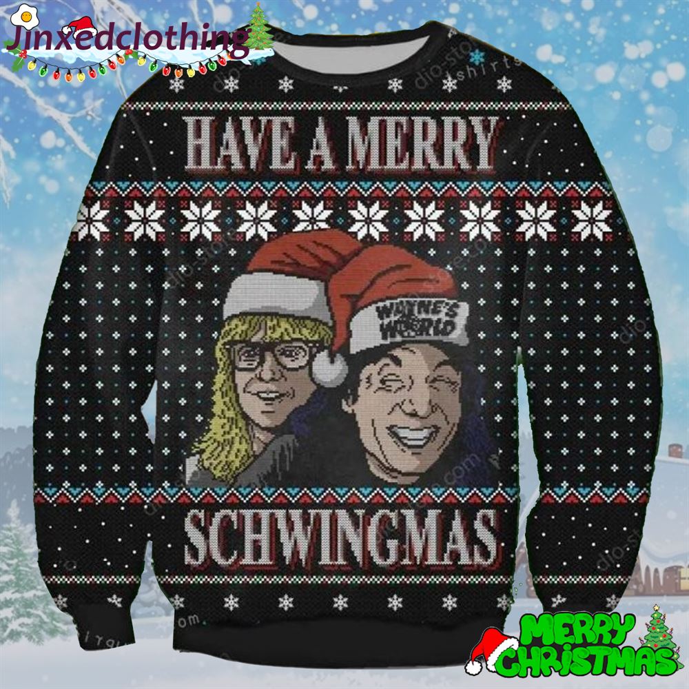 Wayne Campbell Garth Algar Wayne Is World Have A Merry Schwingmas Ugly Christmas Sweater Party 